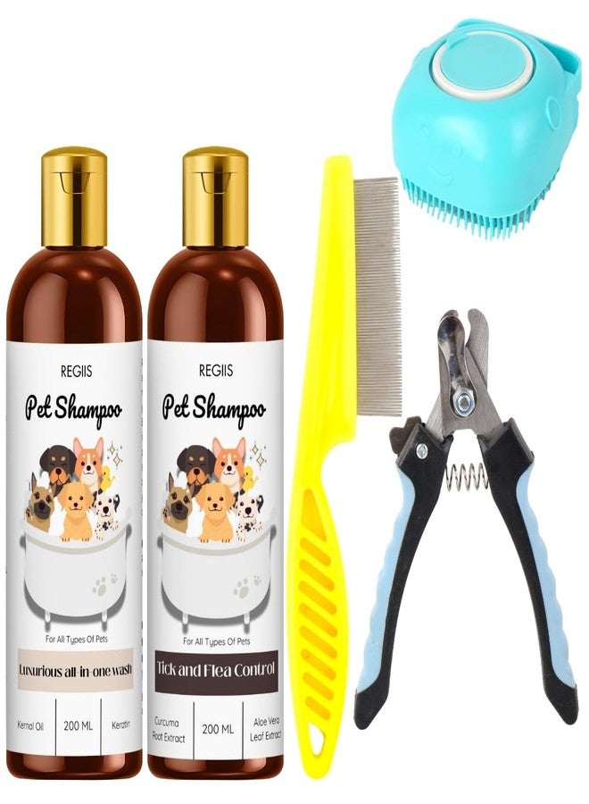 مجموعة ريجيس للعناية بالحيوانات الأليفة، تتضمن شامبو للكلاب، ومبيد للقراد والبراغيث، وفرشاة سيليكون، ومقص أظافر، ومشط، مجموعة من 5 قطع لجميع أنواع الحيوانات الأليفة. - Image 1